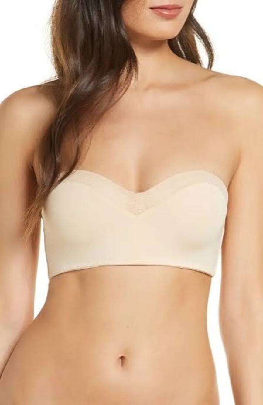 LIVELY No-Wire Strapless Bra Size 34D COMFY CASUAL Beige Nude Mesh Trim